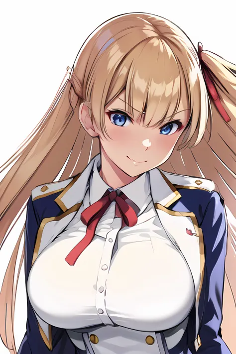 ((masterpiece, best quality)),1girl,smile,indoors,bangs, sussex \(azur lane\), belt, blonde_hair,blue_eyes, breasts, cowboy_shot hair_ribbon, jacket, long_hair, pantyhose, red_ribbon, ribbon, skirt, ,,,,,,,, ,extremely detailed CG unity 8k wallpaper, perfect lighting,Colorful, Bright_Front_face_Lighting,White skin, (masterpiece:1.0),(best_quality:1.0), ultra high res,4K,ultra-detailed, photography, 8K, HDR, highres, absurdres:1.2, Kodak portra 400, film grain, blurry background, bokeh:1.2, lens flare, vibrant_color,professional photograph,Beautiful medium_Breasts, (beautiful_face:1),(narrow_waist),Beautiful Finger,Beautiful long legs,Beautiful body,Beautiful Nose,Beautiful character design, perfect face,perfect balance,