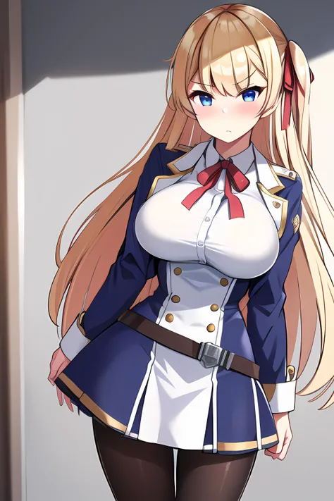 ((masterpiece, best quality)),1girl,standing,indoors,bangs, sussex \(azur lane\), belt, blonde_hair,blue_eyes, breasts, cowboy_shot hair_ribbon, jacket, long_hair, pantyhose, red_ribbon, ribbon, skirt, ,,,,,,,, ,extremely detailed CG unity 8k wallpaper, perfect lighting,Colorful, Bright_Front_face_Lighting,White skin, (masterpiece:1.0),(best_quality:1.0), ultra high res,4K,ultra-detailed, photography, 8K, HDR, highres, absurdres:1.2, Kodak portra 400, film grain, blurry background, bokeh:1.2, lens flare, vibrant_color,professional photograph,Beautiful medium_Breasts, (beautiful_face:1),(narrow_waist),Beautiful Finger,Beautiful long legs,Beautiful body,Beautiful Nose,Beautiful character design, perfect face,perfect balance,