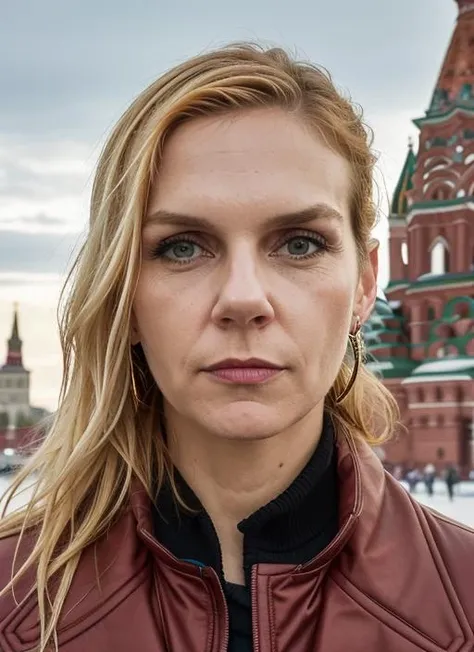 portrait of sks woman in Moscow, at the Red Square with St. Basil's Cathedral in the background, by Flora Borsi, style by Flora Borsi, bold, bright colours, ((Flora Borsi)), by Dorothea Lange, <lora:lora-small-rhea-seehorn-v1:1>