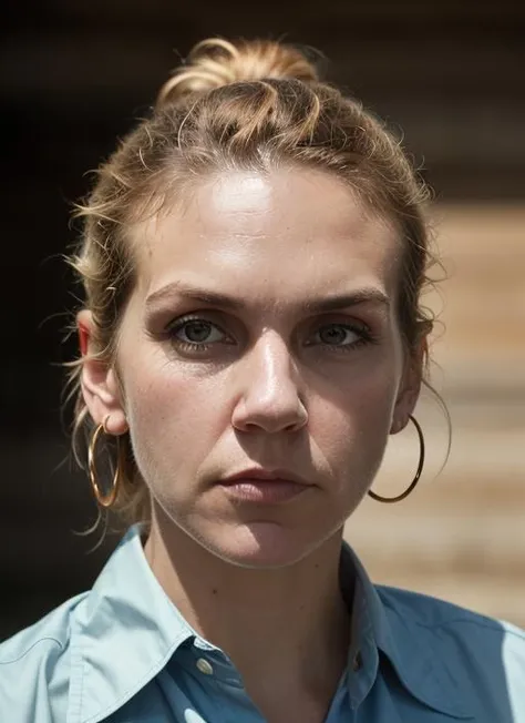 A stunning intricate color close up portrait of (sks woman:1) , wearing Ruffled skirt and button-down shirt, epic character composition, sharp focus, natural lighting, subsurface scattering, f2, 35mm, film grain, , by Ansel Adams, <lora:lora-small-rhea-seehorn-v1:1>