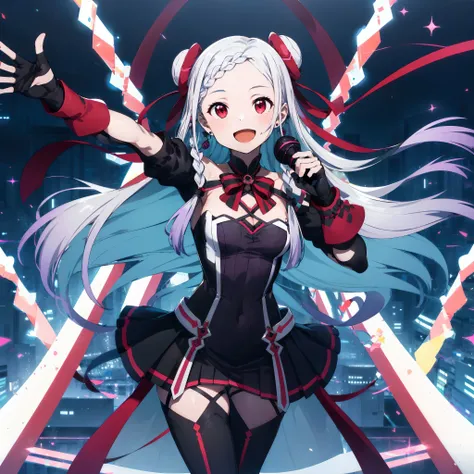 yn girl, 1girl, long hair, red eyes, braid, open mouth, smile, :d, very long hair, dress, solo, thighhighs, holding, braided bangs, short dress, ribbon, red ribbon, standing, looking at viewer, breasts, hair ribbon, thigh boots, striped, floating hair, arm up, gloves, holding microphone, black gloves, striped bow, hair bun, fingerless gloves, bow, microphone, red bow, multicolored hair, earrings, small breasts, cleavage, cowboy shot