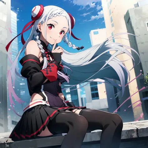 yn girl, 1girl, braid, floating hair, long hair, red eyes, braided bangs, thighhighs, sitting, hair ribbon, ribbon, pleated skirt, red ribbon, very long hair, day, outdoors, skirt, solo, black skirt, looking at viewer, smile, nail polish, miniskirt, black thighhighs, hair bun, sky, red nails, finger to mouth, index finger raised, double bun, zettai ryouiki, striped, blue sky, detached sleeves, building, white hair, dress
