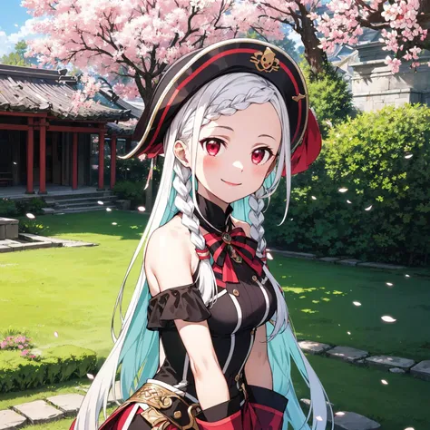 yn girl, 1girl, braided bangs, braid, long hair, red eyes, smile,solo, upper body,  looking at viewer, very long hair, white hair, BREAK
Ancient temples, lush gardens, vibrant colors, tranquil ponds, traditional architecture, cherry blossoms,BREAK Modest attire, comfortable shoes, sun hat, sunglasses, light layers, sunscreen,,   pirate captain outfit, tricorn hat, knee-high boots