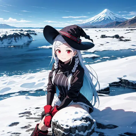 yn girl, 1girl, braided bangs, braid, long hair, red eyes, smile,solo, upper body, looking at viewer, very long hair, white hair, BREAK
Glacial lagoons, icebergs, black sand beaches, snow-covered volcanoes, rugged landscapes, arctic wildlife,BREAK Warm layers, waterproof boots, gloves, hat, sunglasses, windproof jacket,, witch dress, pointy hat, lace-up ankle boots