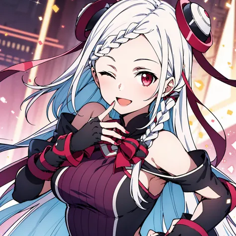 yn girl, 1girl, braided bangs, one eye closed, braid, long hair, red eyes, smile, fingerless gloves, red ribbon, gloves, ribbon, solo, upper body, hair ribbon, black gloves, ;), looking at viewer, very long hair, white hair, breasts