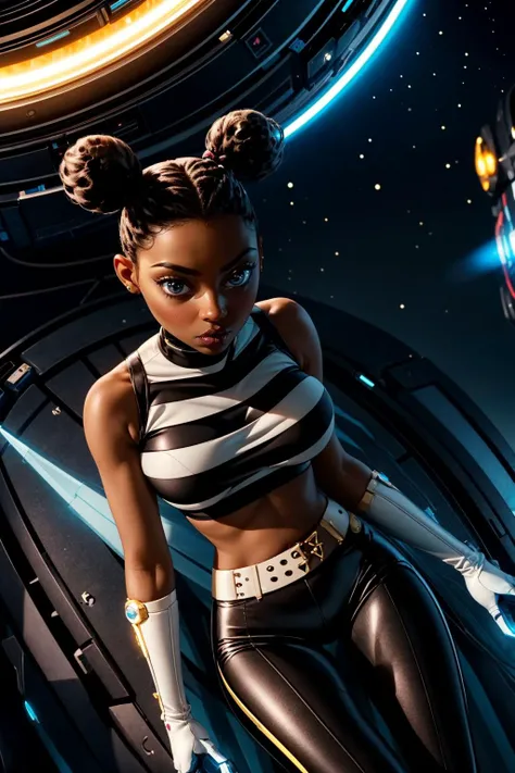 (ultra realistic,32k, masterpiece:1.2),(high detailed skin:1.1),( high quality:1.1),
<lora:Bumblebee_DC:0.8>(scared:1.1),1girl, black_hair, dark_skin, hair_bun, dark-skinned_female, double_bun,crop_top, striped shirt, interstellar spaceship, advanced propulsion systems, cryogenic pods, vast cosmic exploration blurry background,(looking at viewer, lying, from above:1.1),,huge breast,large breast,<lora:add_detail:0.95>,
(glowwave:1.1),
