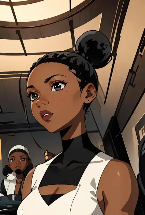(masterpiece, best quality), 1girl,   <lora:Bumblebee_DC:0.8> 1girl, black_hair, dark_skin, hair_bun, dark-skinned_female, double_bun,