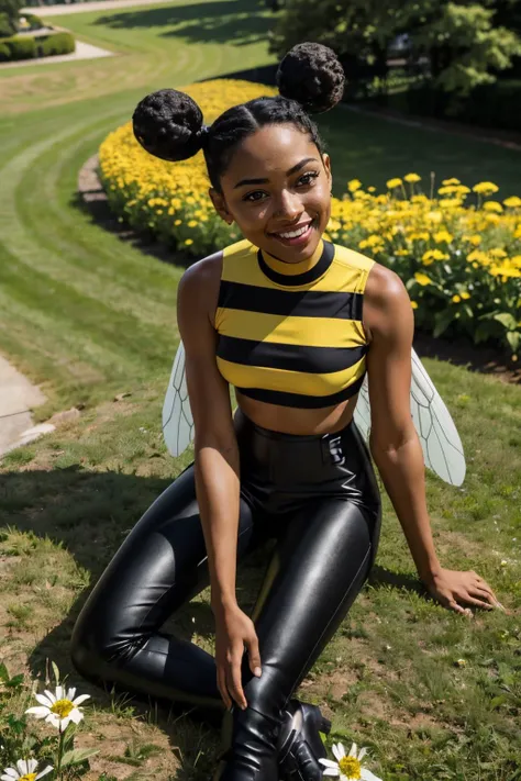 bumblebee_dc, dark skin, black hair, double hair bun, striped crop top, insect wings, black pants, boots, looking at viewer, smiling, sitting, wariza, on grass, flowers, from_above, sunny, high quality, masterpiece <lora:Bumblebee_DC:.7>