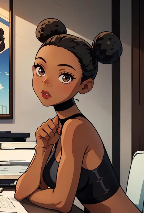 (masterpiece, best quality), 1girl,   <lora:Bumblebee_DC:0.8> 1girl, black_hair, dark_skin, hair_bun, dark-skinned_female, double_bun,
