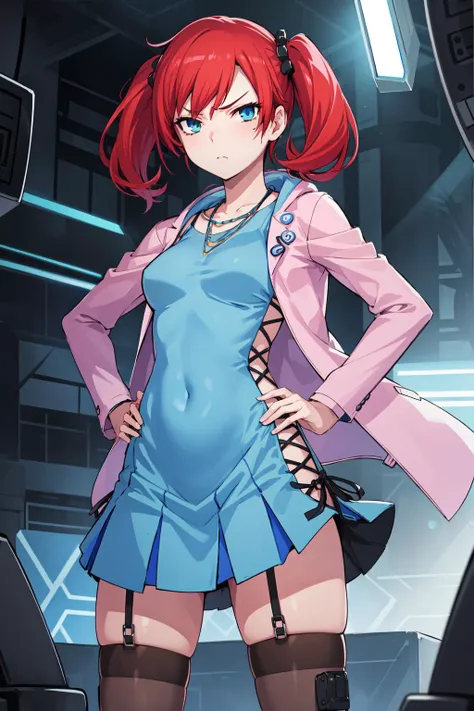 masterpiece,best quality,1girl,dscs-nokia,short hair,red hair,short twintails,hair ornament,sideless dress,aqua dress,pink jacket,gray thighhighs,thigh strap,standing,hands on hips,legs apart,serious,wind,looking at viewer,cyberspace,blue neon lights,cowboy shot,<lora:dscs-nokia:0.5>,