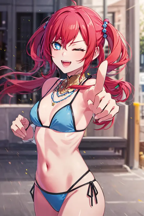 ((masterpiece)), (best quality), official art, extremely detailed CG, unity 8k wallpaper, ultra detailed, highly detailed, detailed background, vivid color, photorealistic, perfect lighting, best illumination,
1girl, solo, dscs-nokia, red hair, short hair, short twintails, hair between eyes, hair ornament, blue eyes, small breasts,
ai's pose, smile, pointing, open mouth, one eye closed, star\(symbol\), symbol-shaped pupils,
pink bikini, in store, cowboy shot,
<lora:dscs-nokia:0.4>, <lora:Hoshino Ai's Pose 2:0.7>