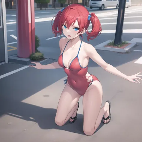 dscs-nokia, red swimsuit, red hair, short hair, short twintails, hair between eyes, hair ornament, blue eyes, medium breasts, collarbone, full body, solo, 1girl, outdoors <lora:dscs-nokia-000002:0.4>