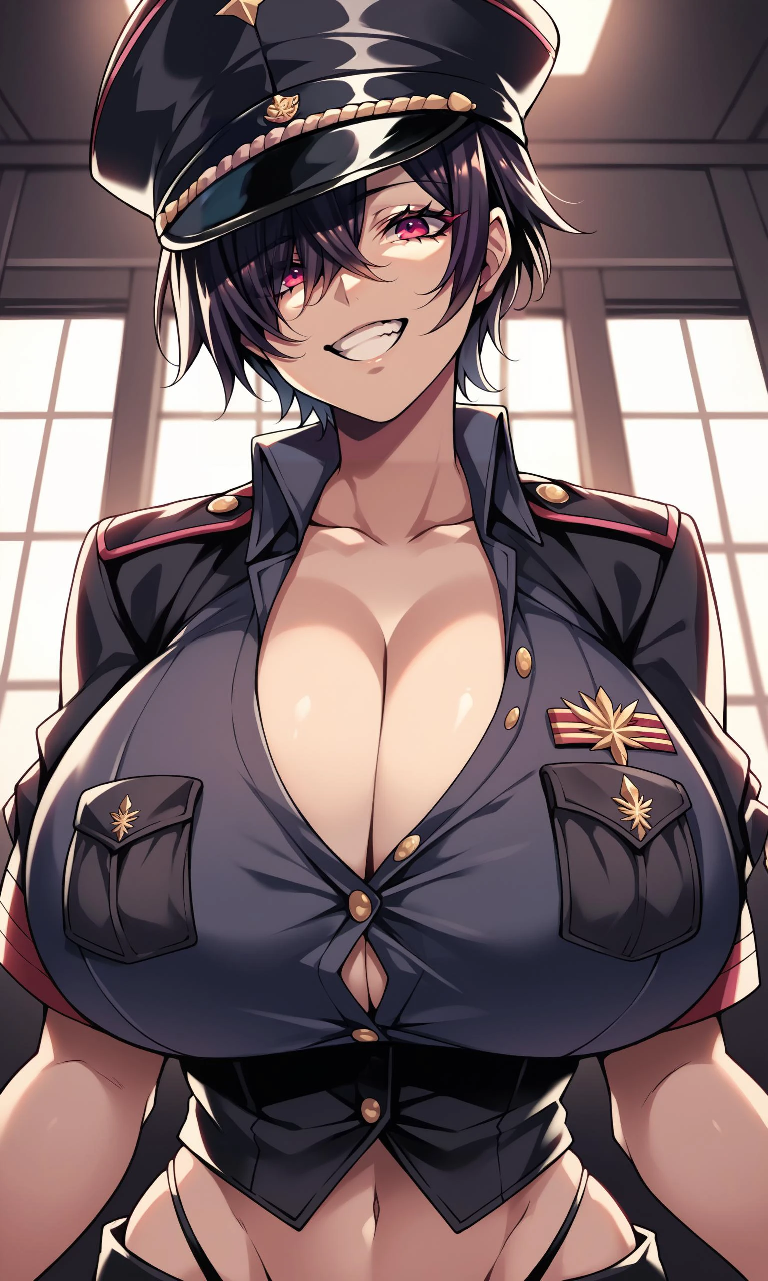 score_9, score_8_up, score_7_up, score_6_up, score_5_up, score_4_up, (source_anime),   <lora:[GP] Hz style [Pony XL]:0.7>
1girl, huge breasts, looking at viewer, smile, fang, black clothes, short hair, shirt, midriff, skirt, thong, black hair, gloves, hat, cleavage, hair between eyes, collarbone,  black gloves, pink eyes, grin, uniform, black shirt, black headwear, peaked cap, pocket, military hat, breast pocket, partially unbuttoned, hat tip, hat over one eye, indoors, military, military base, upper body, purple theme,