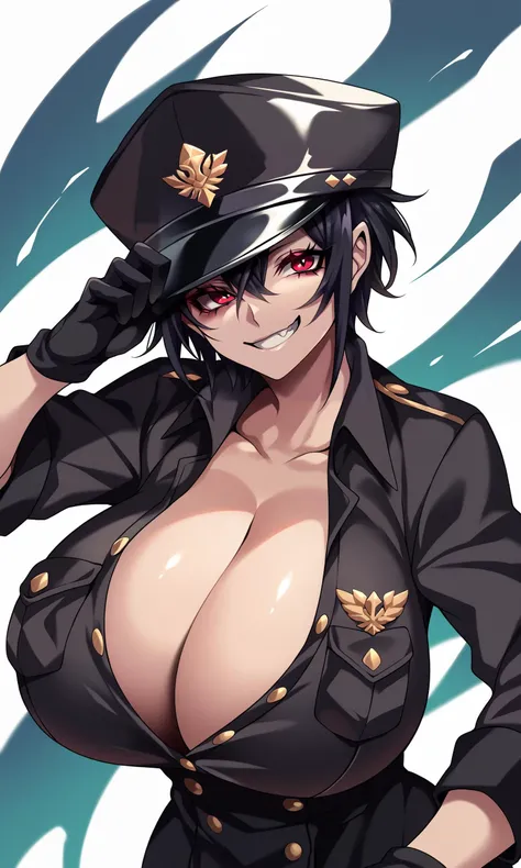 Uma mulher com longo, black hair with lifeless bright red eyes with a symbol in anime X wearing a black military cap with gold accents with a red uniform with black with an insane half-robot face with bruise on his mouth, uniforme preto com detalhes em cinza e roxo pose segurando os peitos com uma succubus da pele morena cabelo longos azuis com olhos verdes de saia militar com um colar com varias esferas brilhantes de luva dos olhos vermelhos