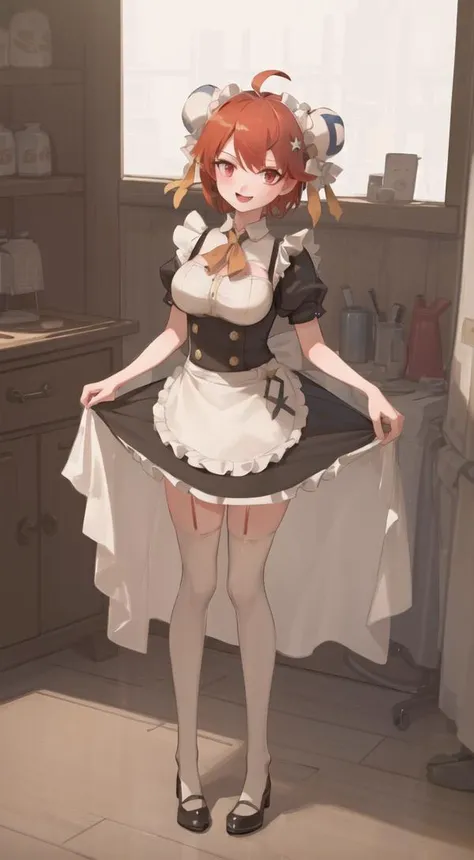 ((masterpiece, best quality)), cinematic lighting, 1girl, solo, full body,<lora:TDGirl:0.9>, td girl, red hair, short hair, ahoge, double bun, bun cover, red eyes, , solo, maid uniform, large breasts, smile, indoors, thighhighs