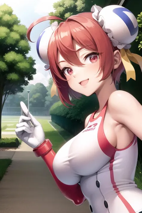 ((masterpiece, best quality)), cinematic lighting, 1girl, solo, <lora:TDGirl:0.9>, td girl, red hair, bun cover, double bun, short hair, ahoge, solo, white tennis uniform, single mechanical arm, large breasts, smile, outdoors, thighhighs