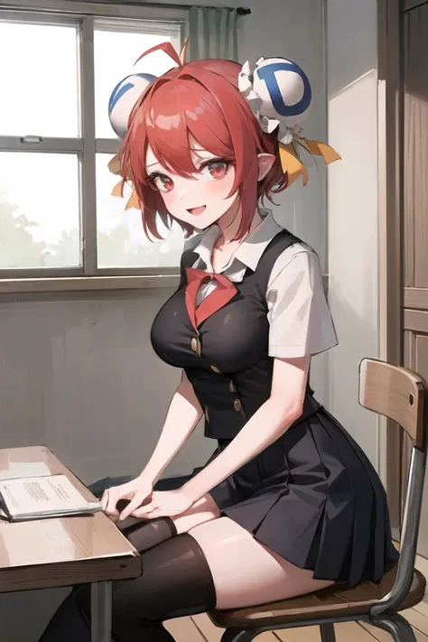 ((masterpiece, best quality)), cinematic lighting, 1girl, solo, <lora:TDGirl:0.8>, td girl, red hair, short hair, ahoge, double bun, bun cover, red eyes, solo, black school uniform, large breasts, smile, classroom, thighhighs