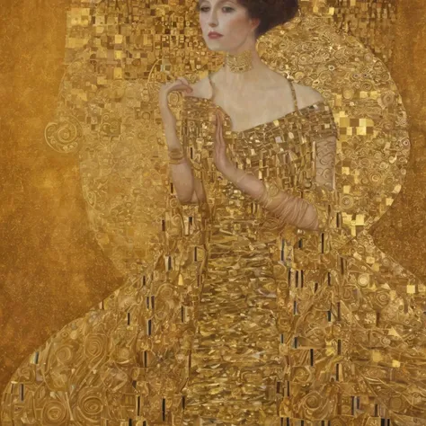 perfect skin <lora:kl1m:1.3>kl1m phse gold background, spirals, circles, squares, intricate patterns, shiny, decadent, woman in long golden dress
