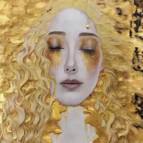 <lora:kl1m:1.3>kl1m tt3r close up face of woman with golden hair eyes closed golden tears, one half of her face is entirely covered in gold and is not visible