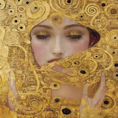 <lora:kl1m:1>kl1m gd3y golden spirals, eyes, intricate patterns, hugging, triangles