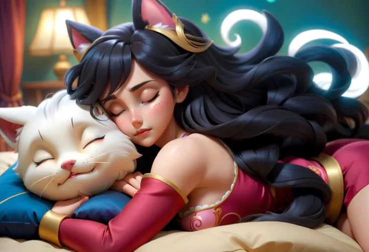 ((sfw, masterpiece, high quality, calm, peaceful, magical girl, eyes closed, pillow, bedroom, sleeping, lying down, resting)), ahri, 1girl, magic, magical swirls, mystical, long hair, animal ears, black hair, whisker markings, cleavage, cinematic, sharp focus, amazing fine detail, rich colors, dramatic lighting, intricate, <lora:ahri_sdxl_lowlearningrate:0.4>