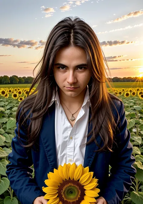 (best quality:1.1), (realistic:1.1), (detailed:1.1),  man, AndreMatosQuiron person, long hair , perfect eyes,  (black eyes:1.3), portrait, Sunflower Fields: The bright and cheerful blooms of sunflowers, set against the golden hour light, create a warm and lively environment, perfect for capturing vibrant landscapes and close-ups., by Edward Burtynsky,
 <lyco:quiron_AndreMatos_v3_lycoris:0.7>