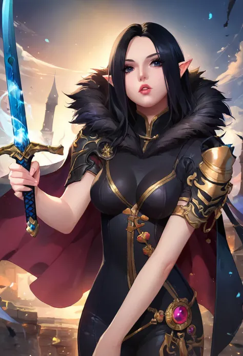 masterpiece,best quality, highly detailed, score_9, score_8_up, score_7_up, score_6_up,<lora:xl_more_art-full_v1:0.8>,
BREAK
<lora:bnsXL:0.8>jinsoyun,1girl, black hair, solo, weapon, pointy ears, sword, magic, breasts, holding weapon, long hair, holding, parted lips, lips, cape, fur trim