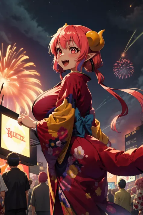 masterpiece,best quality,1girl,ilulu \(maidragon\),(gigantic breasts),pointy ears,low twintails,(pink hair),colored tips,red eyes | orange eyes,slit pupils,yellow horns,dragon tail,dragon girl,shortstack | petite,print kimono,floral print,laughing,excited,outdoors,festival,night,starry sky,(fireworks),crowd,from behind,<lora:IluluV4_16e-5_2e-25e-5:0.9>,