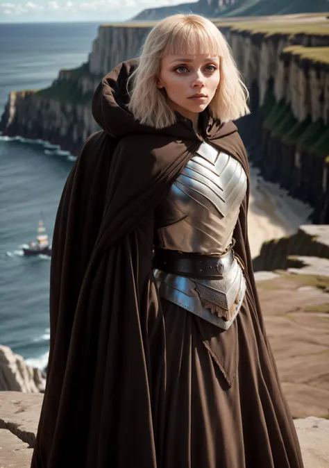 Gorgeous, thin, (dark eyeliner, eye pencil), serious expression, (alone), Shinhati, (long bangs), [ivannaSak1], grey eyes, cloak, robe, breastplate (brown shirt), (vambraces), black gloves, belt, breathtaking seaside cliff setting, masterpiece, extreme details, ((bright bokeh, 35mm, Canon 5D))  <lora:ShinHati_V1-Manityro-dadapt:0.8>