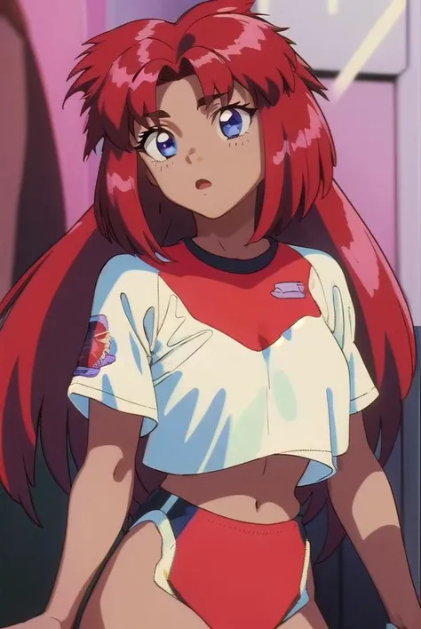 tanyanatdhipytadd, <lora:tanyanatdhipytadd-lora-nochekaiser:1>,
tanya natdhipytadd, long hair, blue eyes, red hair, dark skin, dark-skinned female, (retro artstyle:1.5), (1990s \(style\):1.5), (small breasts:1.2),
BREAK shirt, midriff, gym uniform, buruma, red buruma,
BREAK looking at viewer, full body, upper body,
BREAK indoors, classroom,
BREAK <lyco:GoodHands-beta2:1>, (masterpiece:1.2), best quality, high resolution, unity 8k wallpaper, (illustration:0.8), (beautiful detailed eyes:1.6), extremely detailed face, perfect lighting, extremely detailed CG, (perfect hands, perfect anatomy),