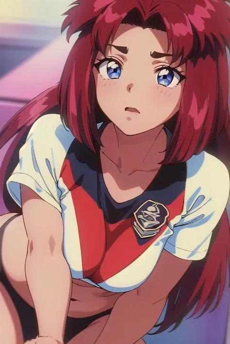 tanyanatdhipytadd, <lora:tanyanatdhipytadd-lora-nochekaiser:1>,
tanya natdhipytadd, long hair, blue eyes, red hair, dark skin, dark-skinned female, (retro artstyle:1.5), (1990s \(style\):1.5), (small breasts:1.2),
BREAK shirt, midriff, gym uniform, buruma, red buruma,
BREAK looking at viewer, full body, upper body,
BREAK indoors, classroom,
BREAK <lyco:GoodHands-beta2:1>, (masterpiece:1.2), best quality, high resolution, unity 8k wallpaper, (illustration:0.8), (beautiful detailed eyes:1.6), extremely detailed face, perfect lighting, extremely detailed CG, (perfect hands, perfect anatomy),