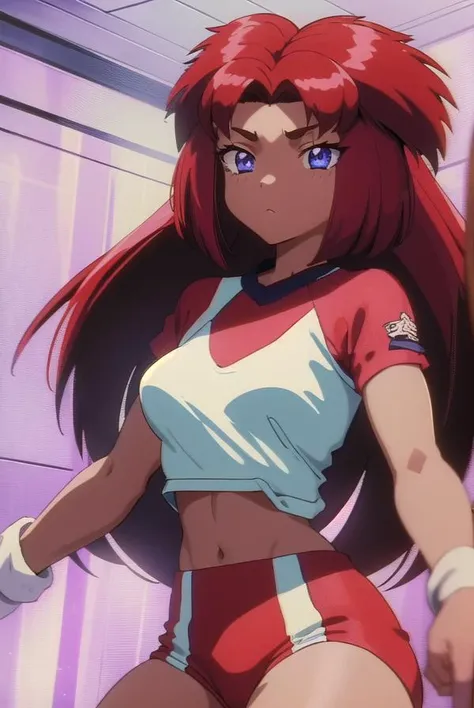 tanyanatdhipytadd, <lora:tanyanatdhipytadd-lora-nochekaiser:1>,
tanya natdhipytadd, long hair, blue eyes, red hair, dark skin, dark-skinned female, (retro artstyle:1.5), (1990s \(style\):1.5), (small breasts:1.2),
BREAK shirt, midriff, gym uniform, buruma, red buruma,
BREAK looking at viewer, full body, upper body,
BREAK indoors, classroom,
BREAK <lyco:GoodHands-beta2:1>, (masterpiece:1.2), best quality, high resolution, unity 8k wallpaper, (illustration:0.8), (beautiful detailed eyes:1.6), extremely detailed face, perfect lighting, extremely detailed CG, (perfect hands, perfect anatomy),
