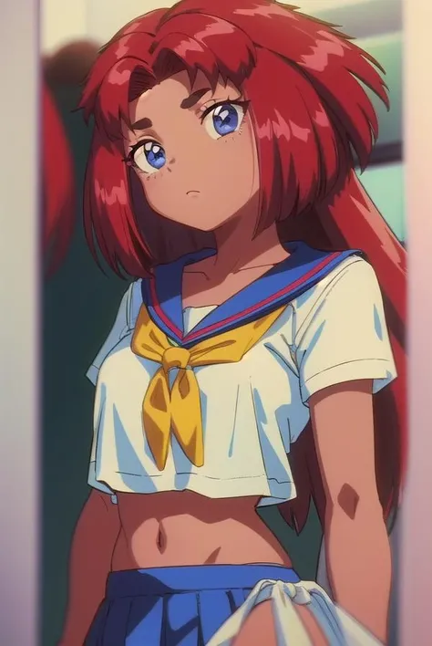tanyanatdhipytadd, <lora:tanyanatdhipytadd-lora-nochekaiser:1>,
tanya natdhipytadd, long hair, blue eyes, red hair, dark skin, dark-skinned female, (retro artstyle:1.5), (1990s \(style\):1.5), (small breasts:1.2),
BREAK sailor uniform, serafuku, midriff,
BREAK looking at viewer, full body, upper body,
BREAK indoors, classroom,
BREAK <lyco:GoodHands-beta2:1>, (masterpiece:1.2), best quality, high resolution, unity 8k wallpaper, (illustration:0.8), (beautiful detailed eyes:1.6), extremely detailed face, perfect lighting, extremely detailed CG, (perfect hands, perfect anatomy),