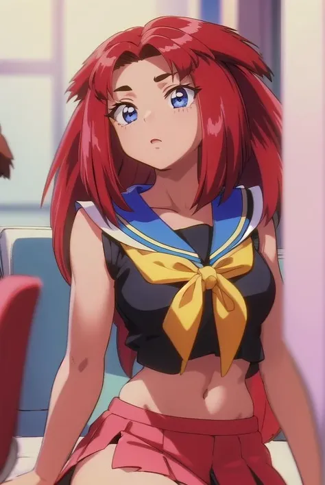 tanyanatdhipytadd, <lora:tanyanatdhipytadd-lora-nochekaiser:1>,
tanya natdhipytadd, long hair, blue eyes, red hair, dark skin, dark-skinned female, (retro artstyle:1.5), (1990s \(style\):1.5), (small breasts:1.2),
BREAK sailor uniform, serafuku, midriff,
BREAK looking at viewer, full body, upper body,
BREAK indoors, classroom,
BREAK <lyco:GoodHands-beta2:1>, (masterpiece:1.2), best quality, high resolution, unity 8k wallpaper, (illustration:0.8), (beautiful detailed eyes:1.6), extremely detailed face, perfect lighting, extremely detailed CG, (perfect hands, perfect anatomy),