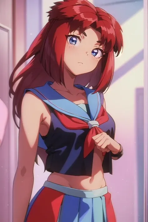 Love Live Superstar、Members of School Idol Liera、Mei Yonejo、Red hair and side tail、  Uniform with navel out、Face forward and show your navel to this side、standing straight ahead.Front Angle、blazers、lowrise.Midriff、Expand the navel with your fingers