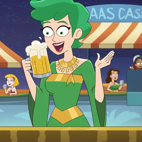 Create a scene in a realistic style celebrating Saint Patrick's Day, featuring a classic American cartoon setting. The image should include vibrant green decorations, shamrocks, and leprechauns with exaggerated, cheerful expressions typical of American cartoons. The setting is a bustling, whimsically drawn city street or bar, filled with cartoon characters wearing green hats, holding mugs of frothy beer, and surrounded by pots of gold. The scene captures the festive spirit with a parade in the background, showcasing a blend of realism in textures and lighting, with the playful charm of American cartoon artistry <lora:StarTrekPony:0.8>