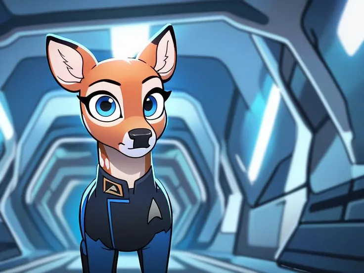score_9, score_8_up
BREAK
source_furry, deer, feral, big eyes, blue eyes, black pupils, looking at viewer, blue fur, white spots, white countershading, betes, science fiction, space, star trek, star trek lower decks, uniform
 <lora:StarTrekPony:1>
