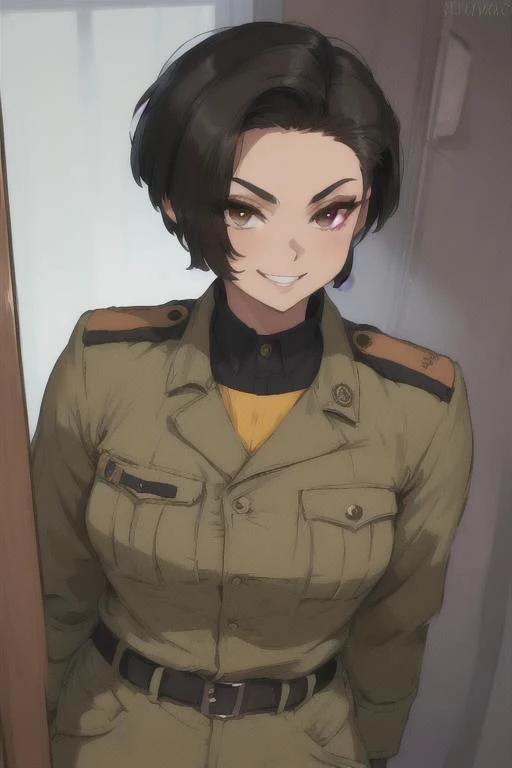 spiky bald hairstyle, short hair, mexican skin, gloves, uniform military, 1girl ,dark black hair, ((hair cut super short,)), soft Brown eyes, smile lips,