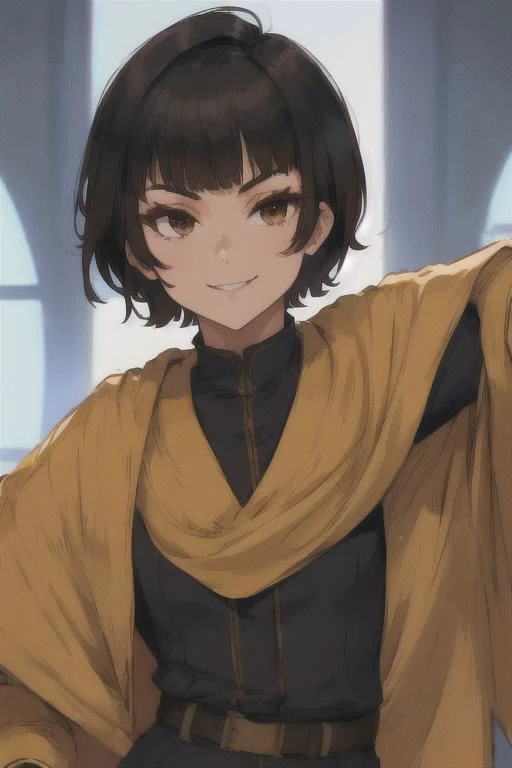 spiky bald hairstyle, short hair, mexican skin, gloves, uniform military, 1girl ,dark black hair, ((hair cut super short,)), soft Brown eyes, smile lips,