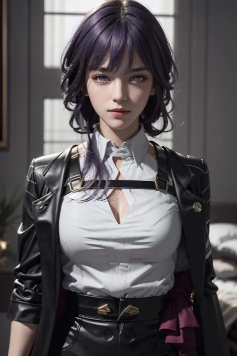 (photorealistic:1.4), raw photo, 1girl, <lora:KafkaV4-06:0.8>, purple eyes, purple hair, eyewear on head, stellaron hunters outfit, black jacket, jacket on shoulders, shirt, shorts, pantyhose, boots,deep shadow, detailed face, detailed eyes, depth of field, bokeh, vibrant details, finely detailed, hyperrealistic, 35mm film, hazy blur,upper body, masterpiece,ultra realistic,32k,extremely detailed CG unity 8k wallpaper, best quality, stunning environment ,gorgeous light and shadow ,soft lighting ,
