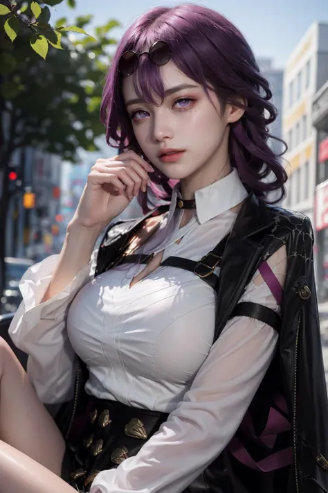 (photorealistic:1.4), raw photo, 1girl, <lora:KafkaV4-06:1>, <lora:koreandolllikenessV20_v20:0.2>, purple eyes, purple hair, (eyewear on head), stellaron hunters outfit, black jacket, jacket on shoulders, shirt, shorts, pantyhose, boots,deep shadow, detailed face, detailed eyes, depth of field, bokeh, vibrant details, finely detailed, hyperrealistic, 35mm film, hazy blur,upper body,, masterpiece,ultra realistic,32k,extremely detailed CG unity 8k wallpaper, best quality