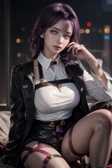 (photorealistic:1.4), raw photo, 1girl, <lora:KafkaV4-06:1>, <lora:koreandolllikenessV20_v20:0.2>, purple eyes, purple hair, (eyewear on head), stellaron hunters outfit, black jacket, jacket on shoulders, shirt, shorts, pantyhose, boots,deep shadow, detailed face, detailed eyes, depth of field, bokeh, vibrant details, finely detailed, hyperrealistic, 35mm film, hazy blur,upper body,, masterpiece,ultra realistic,32k,extremely detailed CG unity 8k wallpaper, best quality