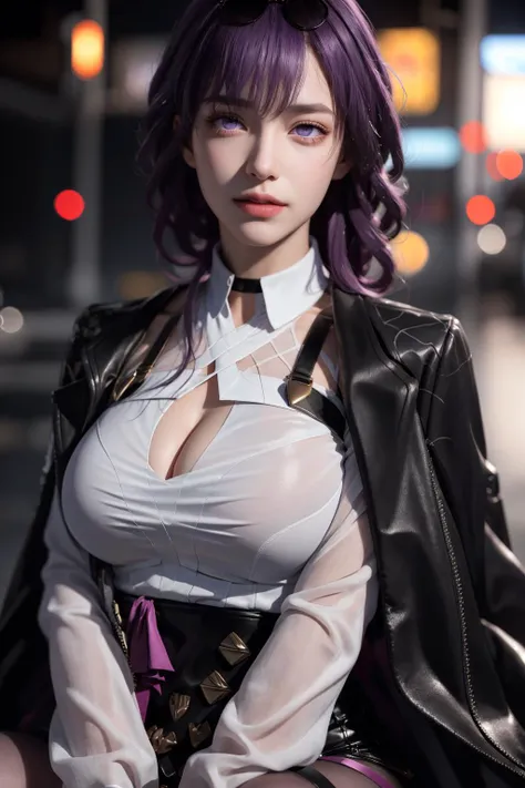 (photorealistic:1.4), raw photo, 1girl, <lora:KafkaV4-06:1>, <lora:koreandolllikenessV20_v20:0.2>, purple eyes, purple hair, (eyewear on head), stellaron hunters outfit, black jacket, jacket on shoulders, shirt, shorts, pantyhose, boots,deep shadow, detailed face, detailed eyes, depth of field, bokeh, vibrant details, finely detailed, hyperrealistic, 35mm film, hazy blur,upper body,, masterpiece,ultra realistic,32k,extremely detailed CG unity 8k wallpaper, best quality