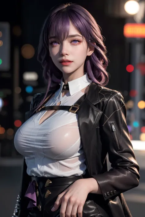 (photorealistic:1.4), raw photo, 1girl, <lora:KafkaV4-06:1>, <lora:koreandolllikenessV20_v20:0.2>, purple eyes, purple hair, (eyewear on head), stellaron hunters outfit, black jacket, jacket on shoulders, shirt, shorts, pantyhose, boots,deep shadow, detailed face, detailed eyes, depth of field, bokeh, vibrant details, finely detailed, hyperrealistic, 35mm film, hazy blur,upper body,, masterpiece,ultra realistic,32k,extremely detailed CG unity 8k wallpaper, best quality