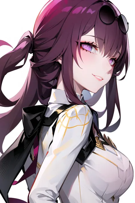 masterpiece, best quality, KafkaV4, Lam-Style, 1girl, solo, looking at viewer, smile, parted lips, looking back, purple eyes, sunglasses, upper body, eyewear on head, shirt, white shirt, jacket