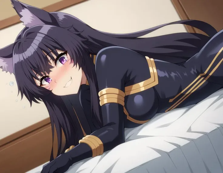 score_9, score_8_up, score_7_up, source_anime,
shadowdelta, <lora:shadow-delta-ponyxl-lora-nochekaiser:1>,
delta, long hair, black hair, animal ears, purple eyes, cat ears, animal ear fluff, facial mark, smile,
bodysuit, black bodysuit,
indoors, bed, bed room, on side, blush, drunk,
looking at viewer, cowboy shot, dutch angle,