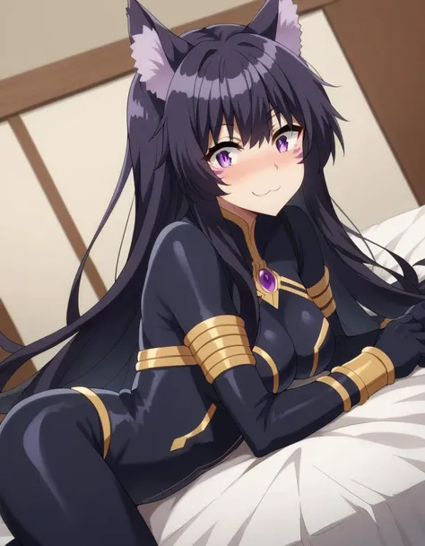 score_9, score_8_up, score_7_up, source_anime,
shadowdelta, delta, long hair, black hair, animal ears, purple eyes, cat ears, animal ear fluff, facial mark, smile,
bodysuit, black bodysuit,
indoors, bed, bed room, on back, arm support, arms up, incoming hug, pov, reaching, reaching towards viewer,
looking at viewer, cowboy shot, dutch angle,