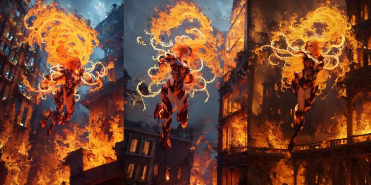 highly insanely detailed, masterpiece, top quality, best quality, highres, 4k, 8k, RAW photo, (very aesthetic, beautiful and aesthetic), ((a woman jumping from a building, floating, casting huge fire magic)), 
<lora:WildfirezyraLoRA:1>, 
(1girl, long hair, fire, fiery hair, glowing, vines around arms, spikes, armor)