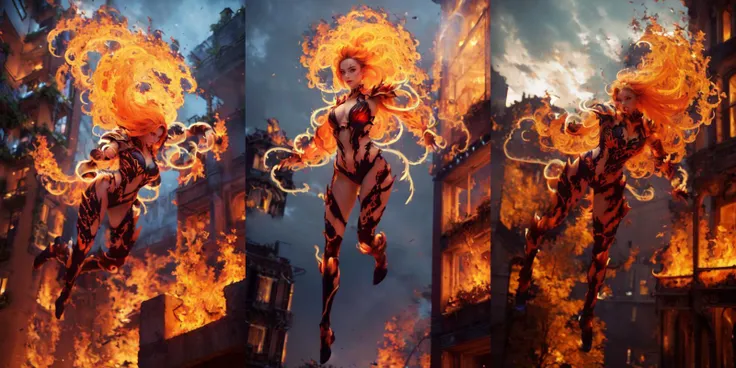 highly insanely detailed, masterpiece, top quality, best quality, highres, 4k, 8k, RAW photo, (very aesthetic, beautiful and aesthetic), ((a woman jumping from a building, floating, casting huge fire magic)),
<lora:WildfirezyraLoRA:1>,
(1girl, long hair, fire, fiery hair, glowing, vines around arms, spikes, armor)