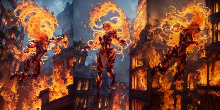 highly insanely detailed, masterpiece, top quality, best quality, highres, 4k, 8k, RAW photo, (very aesthetic, beautiful and aesthetic), ((a woman jumping from a building, floating, casting huge fire magic)),
<lora:WildfirezyraLoRA:1>,
(1girl, long hair, fire, fiery hair, glowing, vines around arms, spikes, armor)